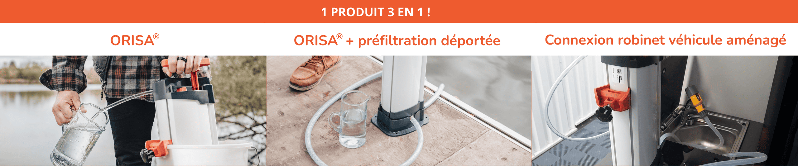Utilisation 3 en 1 du purificateur d'eau orisa avec son raccord de robinet pour véhicules aménagés, dédié à la filtration polyvalente de l'eau.