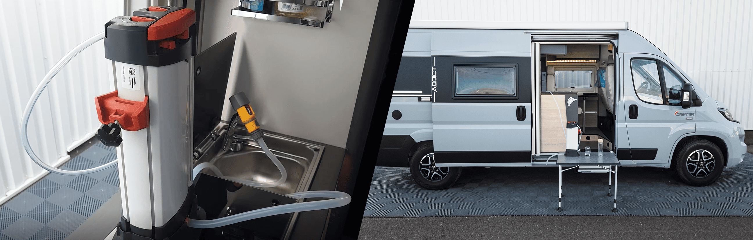 Installation du purificateur d’eau ORISA à bord d’un van aménagé, avec raccordement au robinet intérieur et sortie sur table extérieure pour la filtration